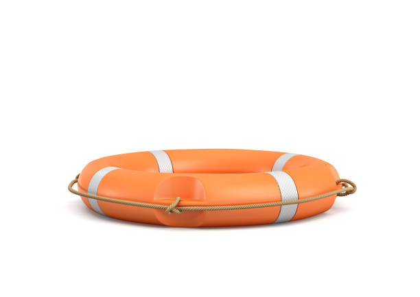 3d rendering of a single isolated orange life buoy isolated on white background. - nobody inflatable equipment rope imagens e fotografias de stock