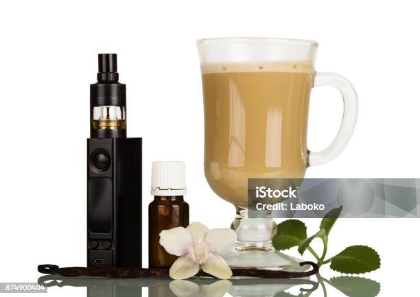A Cup Of Cappuccino And Set For Smoking Isolated On White Stock Photo - Download Image Now