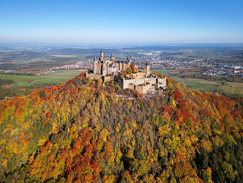 Hechingen, Germany - October 15, 2017: Hohenzollern Castle in the Swabian Jura  at clear autumn day, Baden-Wurttemberg state.