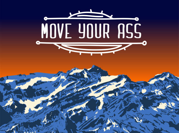 Mountain top sunset. Realistic vector landscape background. Hand-drawn image. MOVE YOUR ASS sign in hand-drawn frame, travel motivation card Mountain top sunset. Realistic vector landscape background. Hand-drawn image. MOVE YOUR ASS sign in hand-drawn frame, travel motivation card tatra mountains stock illustrations