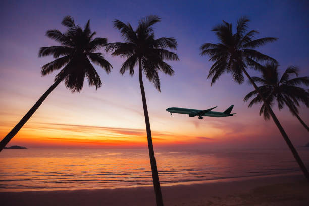 flight to exotic travel destination stock photo