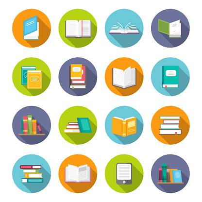 Book icon set. Learning facts, information, descriptions, or skills, study or investigation textbooks. Vector flat style cartoon illustration isolated on white background