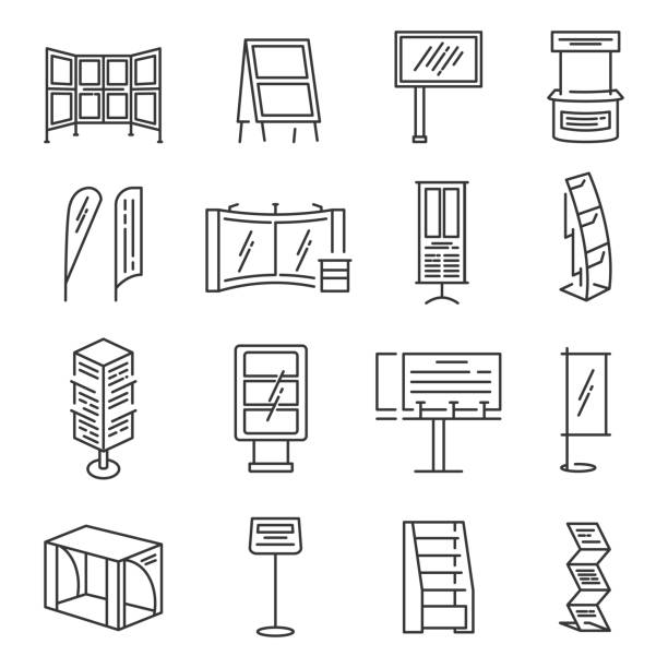 Exhibition stand icon set Exhibition stand icon set. Section of an exhibition for company to show product or information, commercial fair display. Vector line art illustration isolated on white background kiosk stock illustrations