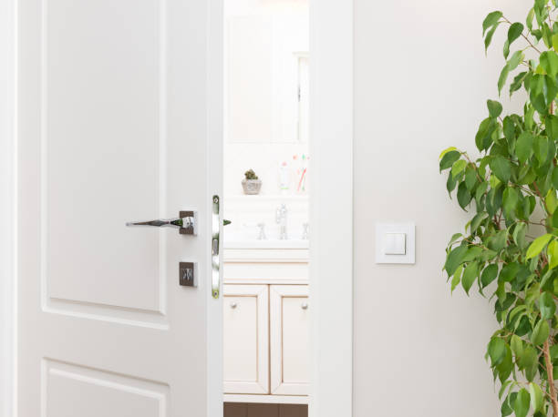 Ajar white door to the bathroom. Series switch on a light gray wall Ajar white door to the bathroom. Series switch on a light gray wall. Modern chrome door handle and lock. Green houseplant ajar stock pictures, royalty-free photos & images