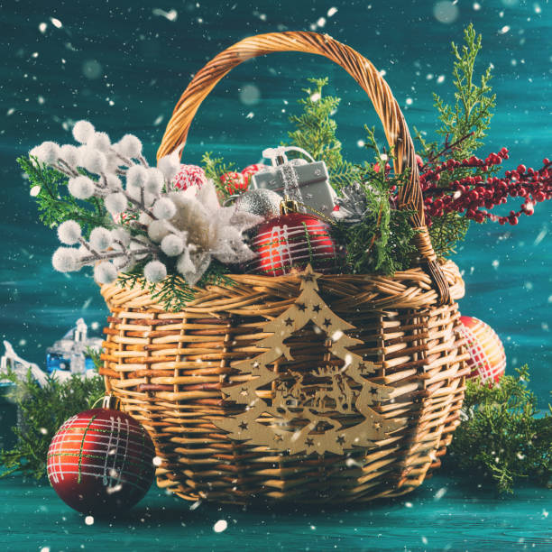 istock Christmas greeting card with basket and decoration 874922010