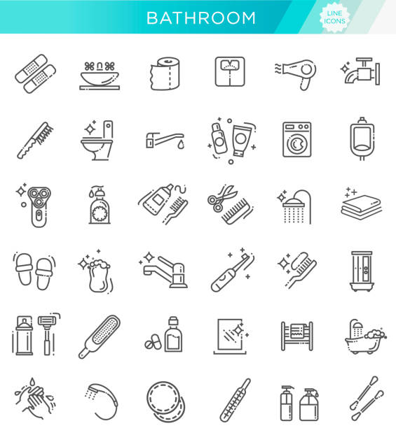 ilustrações, clipart, desenhos animados e ícones de banheiro, banheiro conjunto de ícones. vetor de estoque linha estilo - hygiene bathtub symbol toothbrush