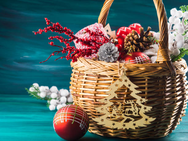 istock Christmas greeting card with basket and decoration 874922314