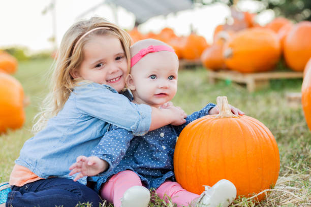 kleines mädchen umarmt babyschwester im kürbisfeld - pumpkin child little girls pumpkin patch stock-fotos und bilder