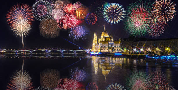 istock Hungarian parliament at night with fireworks on the black sky, Budapest. 874926204