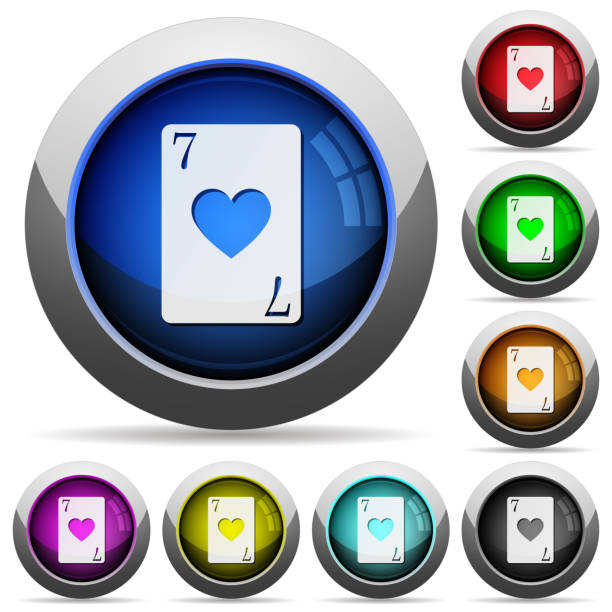 ilustrações de stock, clip art, desenhos animados e ícones de seven of hearts card round glossy buttons - rummy leisure games number color image