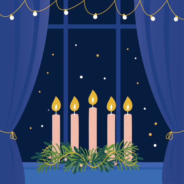 weihnachten-adventskranz mit kerzen auf fensterbank - adventskranz stock-grafiken, -clipart, -cartoons und -symbole
