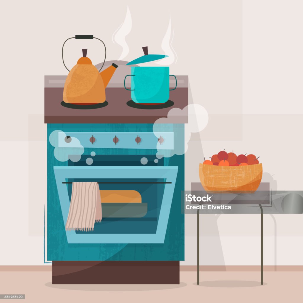 Stove in kitchen. Oven with dishes Stove in kitchen. Oven with dishes. Flat style vector illustration. Oven stock vector