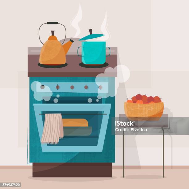 Stove In Kitchen Oven With Dishes Stock Illustration - Download Image Now - Oven, Kitchen, Stove