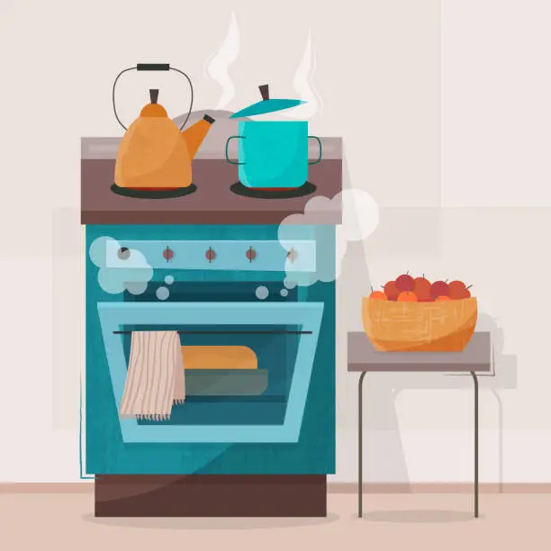 Vector illustration of Stove in kitchen. Oven with dishes