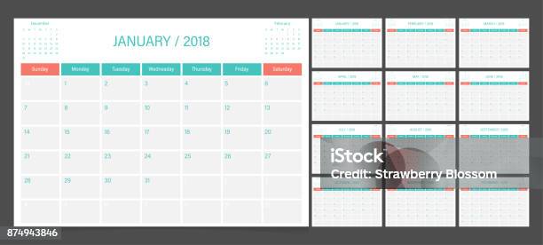Calendar 2018 Week Start On Sunday Calendar Planner Corporate Design Template Stock Illustration - Download Image Now