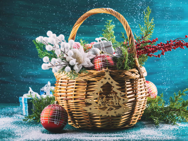 istock Christmas greeting card with basket and decoration 874943910