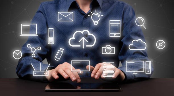 istock Businessman in suit typing with multimedia concept 874944664