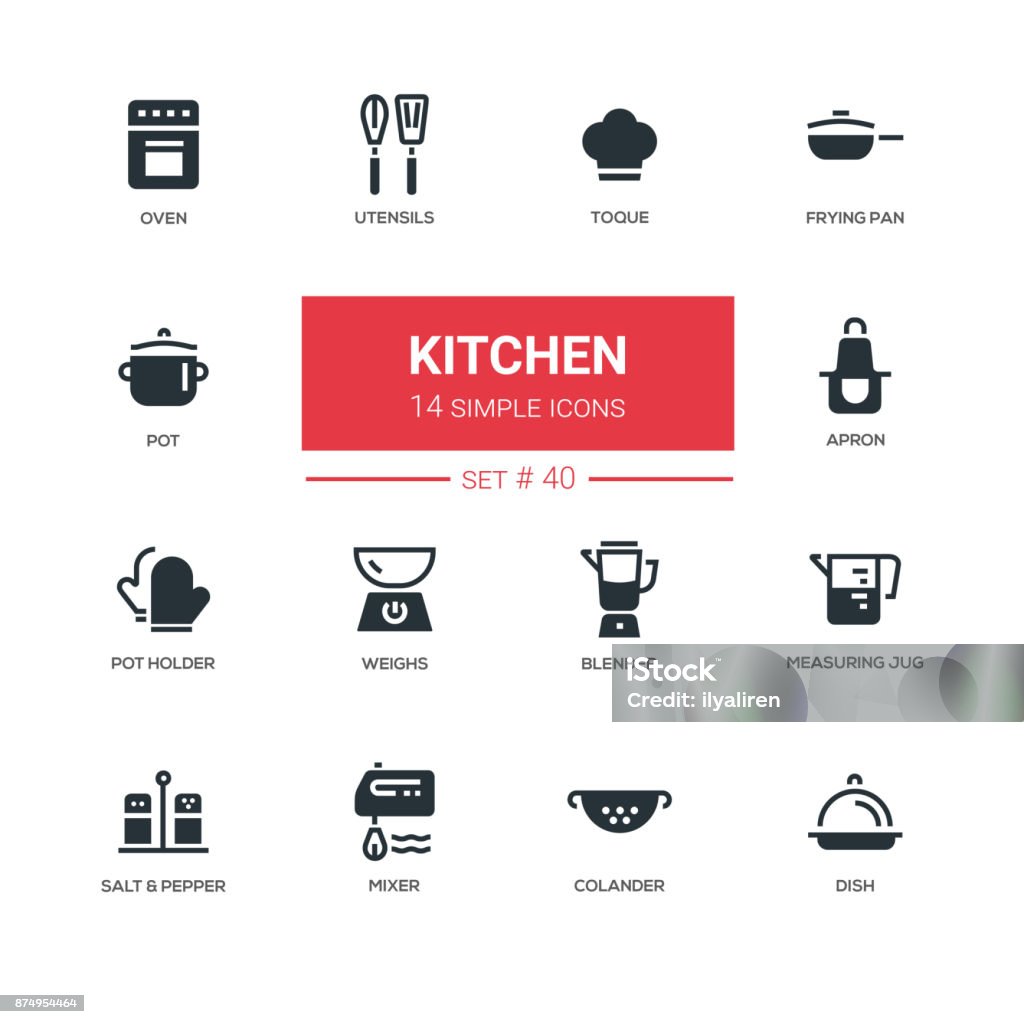 Kitchen utensils - line design icons set Kitchen utensils - line design icons set. Everything about cooking things. Oven, toque, frying pan, pot, apron, holder, weights, blender, measuring jug, salt, pepper, mixer, colander, dish Apron stock vector