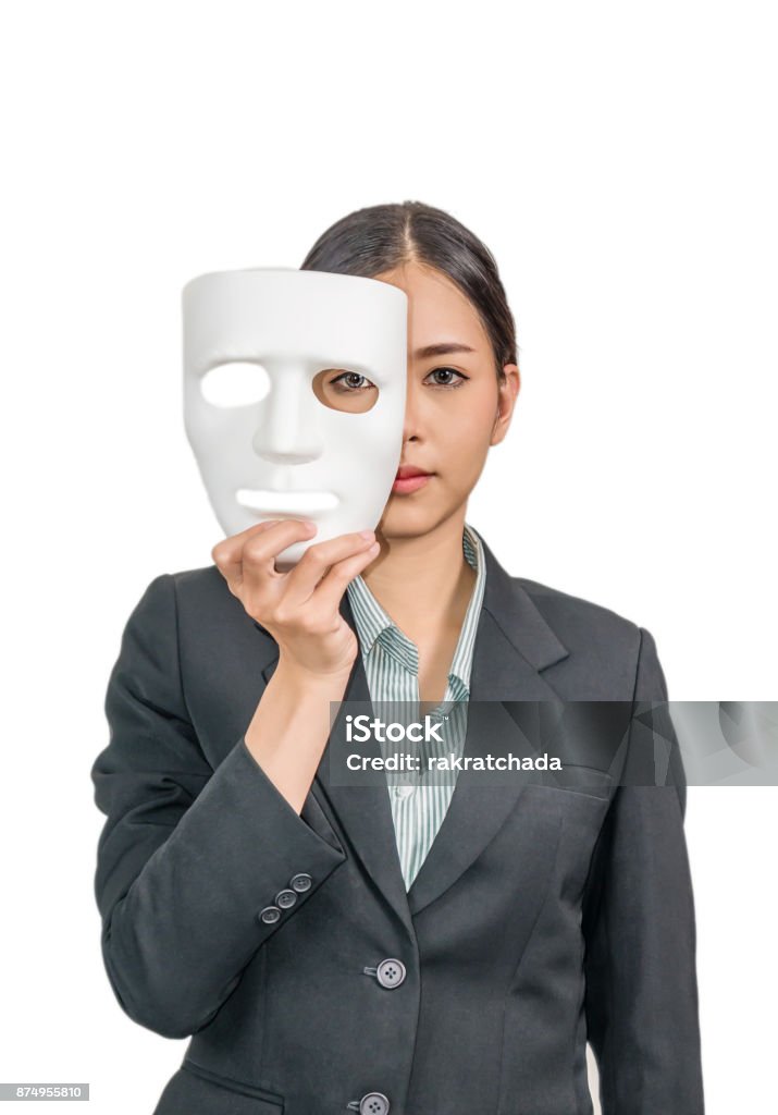 woman with white mask asian woman with white mask and a business suit on white background Artificial Stock Photo