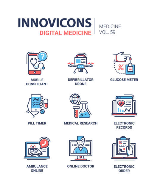 ilustraciones, imágenes clip art, dibujos animados e iconos de stock de medicina digital - conjunto de iconos de diseño de línea - personal land vehicle audio