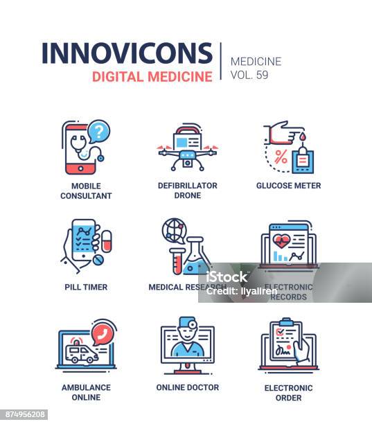 Définir Des Icônes Du Design Ligne Médecine Numérique Vecteurs libres de droits et plus d'images vectorielles de Santé et médecine