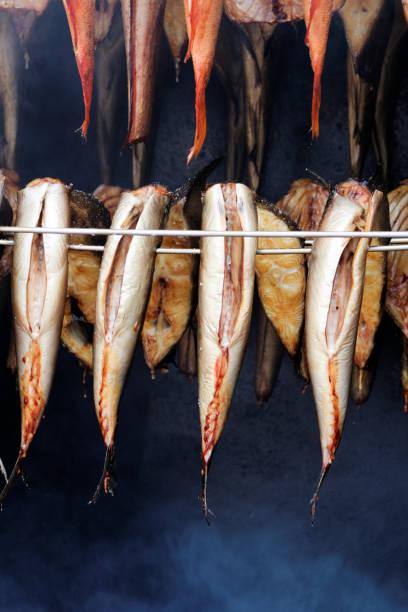 pesce affumicato - halibut flatfish fish hanging foto e immagini stock