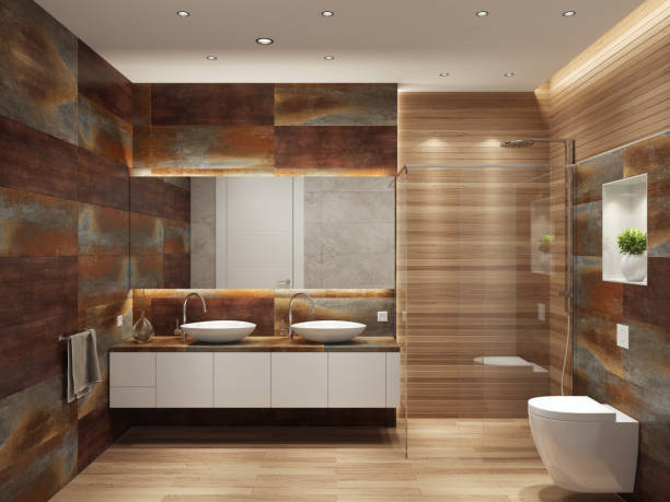 istock Modern contemporary interior bathroom with two sinks and large mirror 874973442