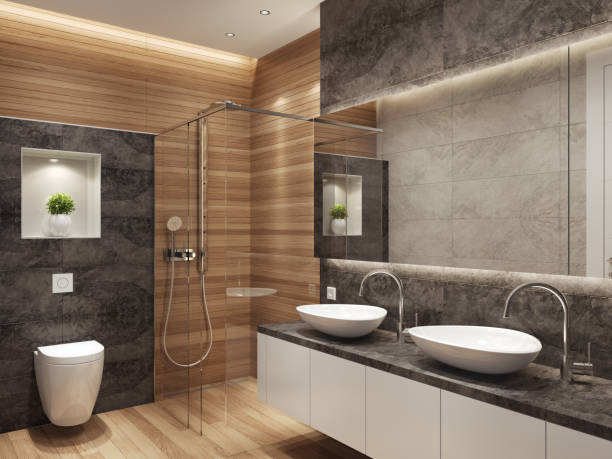 Modern contemporary interior bathroom with two sinks and large mirror stock photo