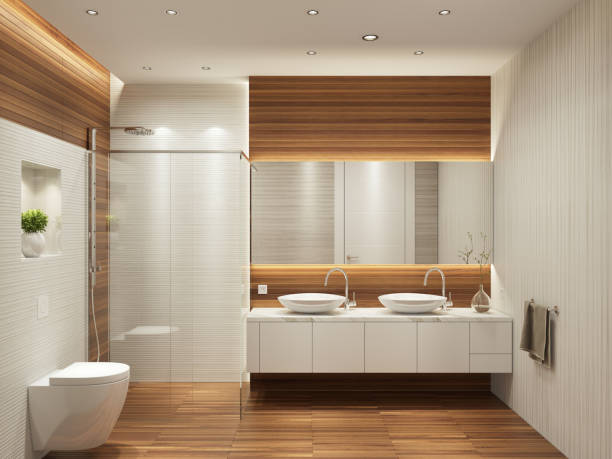 istock Modern contemporary interior bathroom with two sinks and large mirror 874975674