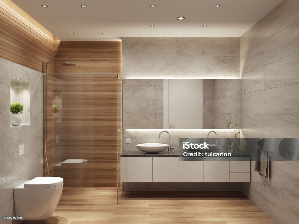 Modern contemporary interior bathroom with two sinks and large mirror Modern interior bathroom with two sinks. Large wall panels. 3d rendering. Bathroom Stock Photo