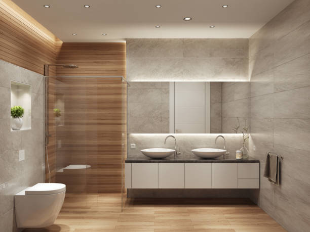 Modern contemporary interior bathroom with two sinks and large mirror Modern interior bathroom with two sinks. Large wall panels. 3d rendering. minimalistic bathroom stock pictures, royalty-free photos & images