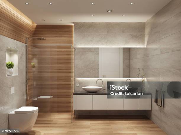Modern Contemporary Interior Bathroom With Two Sinks And Large Mirror Stock Photo - Download Image Now
