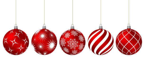 Red christmas balls with different patterns vector art illustration