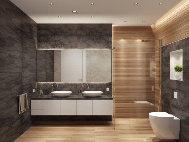 Modern contemporary interior bathroom with two sinks and large mirror stock photo