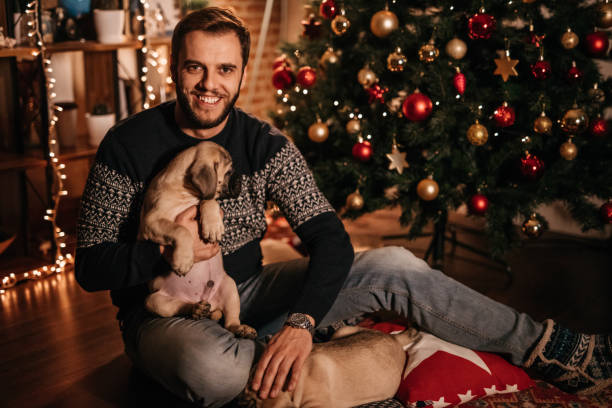 istock Man sitting by the Christmas tree with presents for his wife 874976092