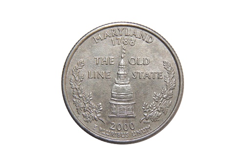 Coin of America Quarter dollars (Maryland) on isolated white background
