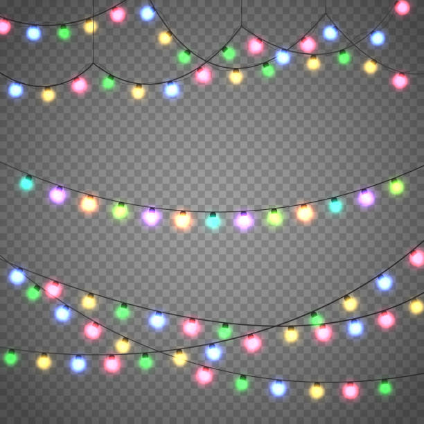 ilustrações de stock, clip art, desenhos animados e ícones de christmas lights isolated on transparent background. xmas garland. vector illustration - christmas lights wreath christmas blue