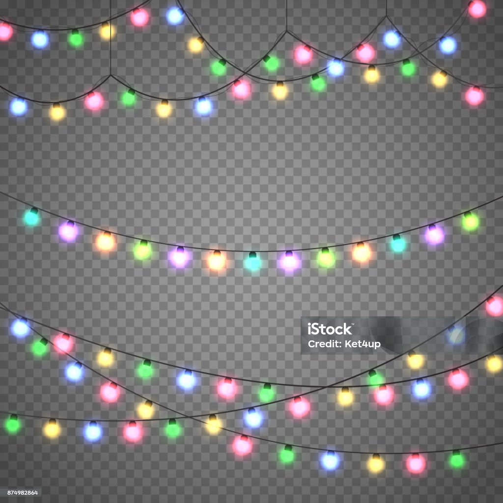 Christmas lights isolated on transparent background. Xmas garland. Vector illustration Christmas lights isolated on transparent background. Xmas colorful garland. Vector festive illustration. Christmas Lights stock vector