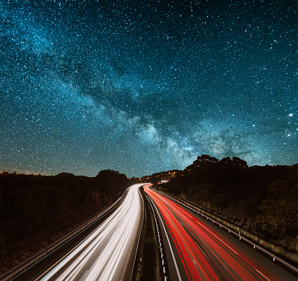 Highway at night under the milky way