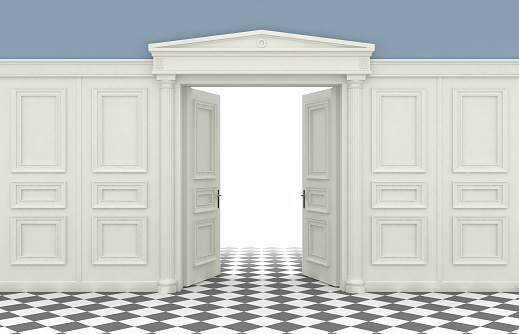 3D illustration. Background with classic wall with wooden panelling and double open doors