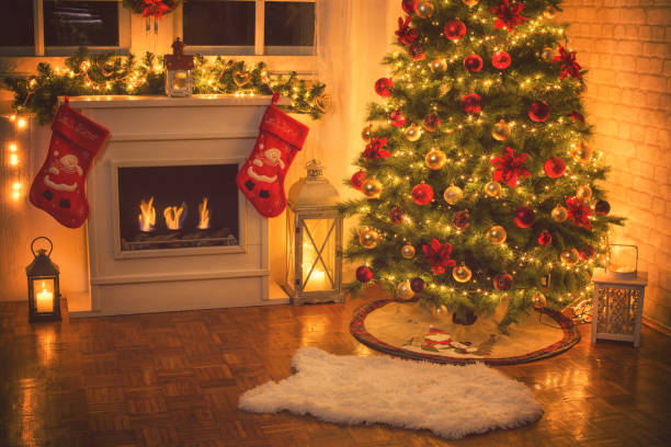 istock Christmas Tree Near Fireplace at Home 874998016