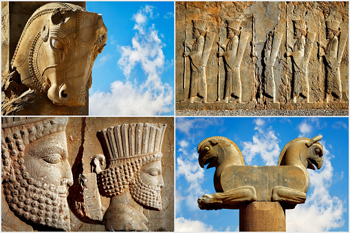 Persepolis is the capital of the ancient Achaemenid kingdom. Sight of Iran. Ancient Persia. Blue sky and clouds background. Composite image.