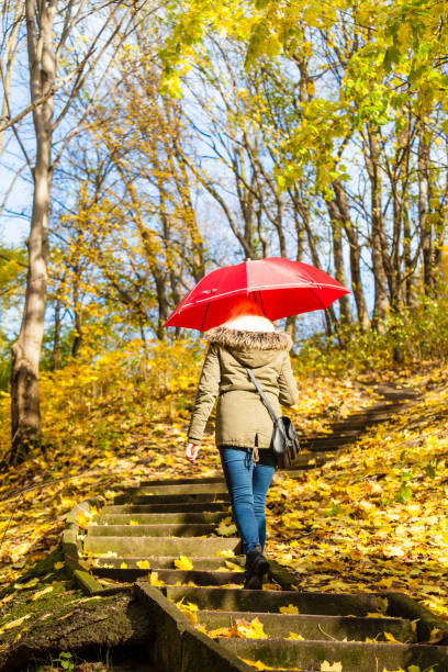 istock Woman walking in park with umbrella 875000970
