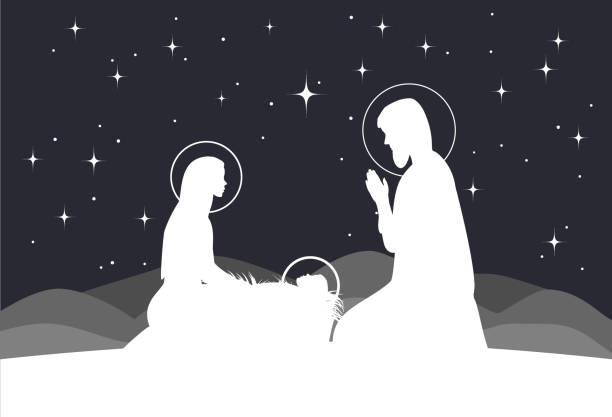 ilustraciones, imágenes clip art, dibujos animados e iconos de stock de escena de la natividad del vector. silueta de maría con jesús y josé - christianity orthodox church backgrounds blue