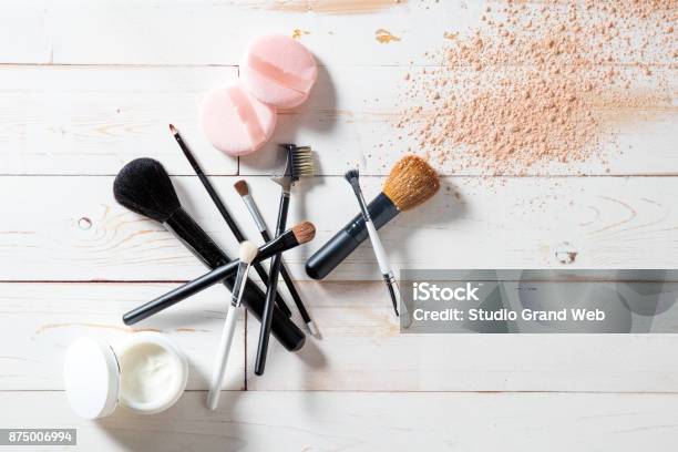 Concept Of Cosmetics And Makeup With Powder Skincare And Brushes Stock Photo - Download Image Now