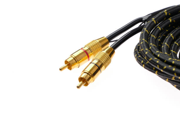 istock Black cinch audio cable with golden plugs isolated over white 875007054