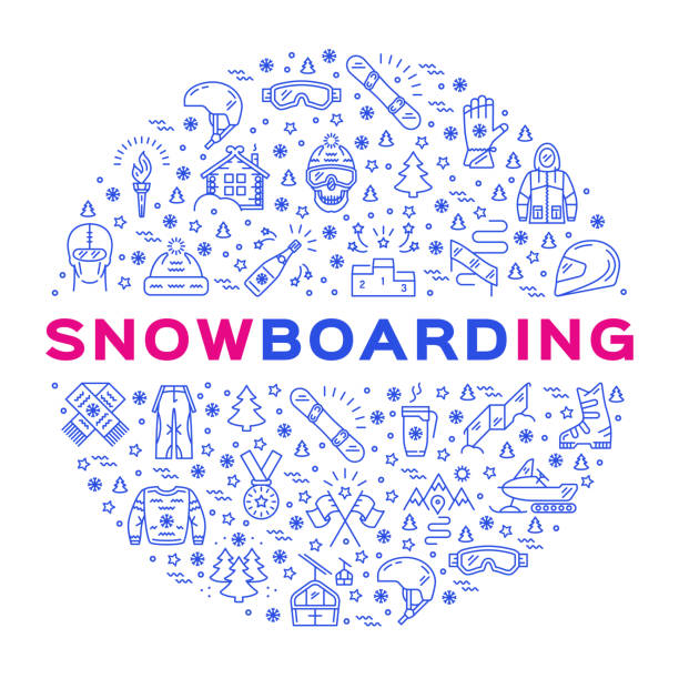 ilustraciones, imágenes clip art, dibujos animados e iconos de stock de vector icono de snowboard, snowboard de contorno, infografía. equipo de deportes de invierno - ski jumping snowboarding snowboard jumping