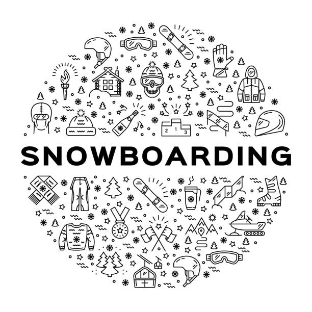 ilustraciones, imágenes clip art, dibujos animados e iconos de stock de vector icono de snowboard infografía snowboard. símbolos de deportes de invierno aislados - ski jumping snowboarding snowboard jumping