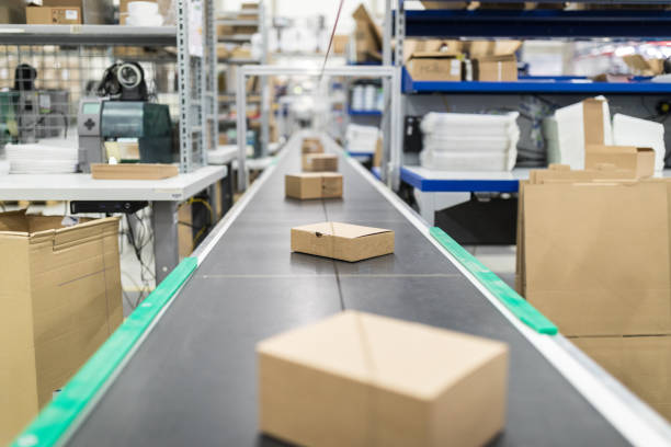 Cardboard boxes on conveyor belt at distribution warehouse Cardboard boxes on moving belt conveyor at distribution warehouse. Modern warehouse with automatic moving conveyor machine. production line stock pictures, royalty-free photos & images
