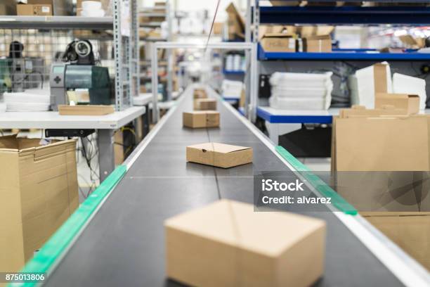 Cardboard Boxes On Conveyor Belt At Distribution Warehouse Stock Photo - Download Image Now